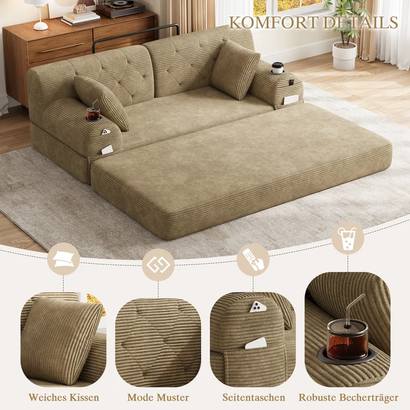 Canapé-lit 2 places convertible en velours côtelé kaki foncé 2 coussins haut dossier 168×80×81cm QUADROOM