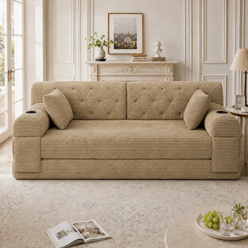 Canapé-lit 2 places convertible en velours côtelé kaki foncé 2 coussins haut dossier 168×80×81cm QUADROOM