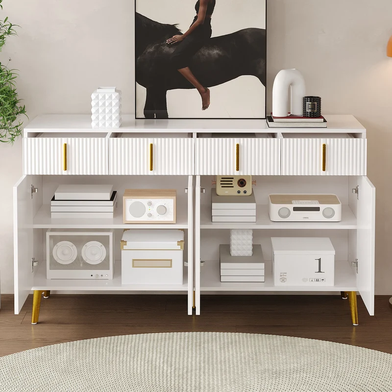 Buffet blanc design flûté 4 portes et 4 tiroirs avec pieds dorés, 140cm PLANTPRO