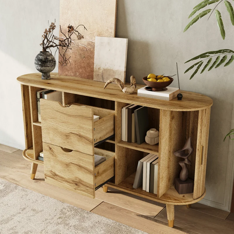 Buffet effet bois, rangement moderne à portes texturées 140x40x79.5cm PILLOWGLASS