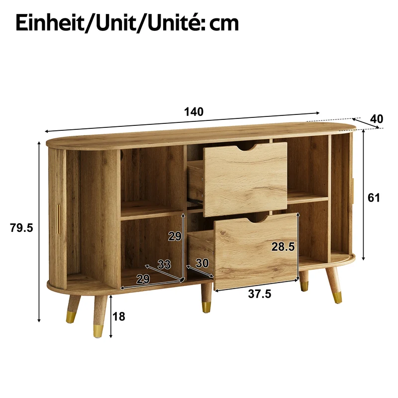 Buffet effet bois, rangement moderne à portes texturées 140x40x79.5cm PILLOWGLASS