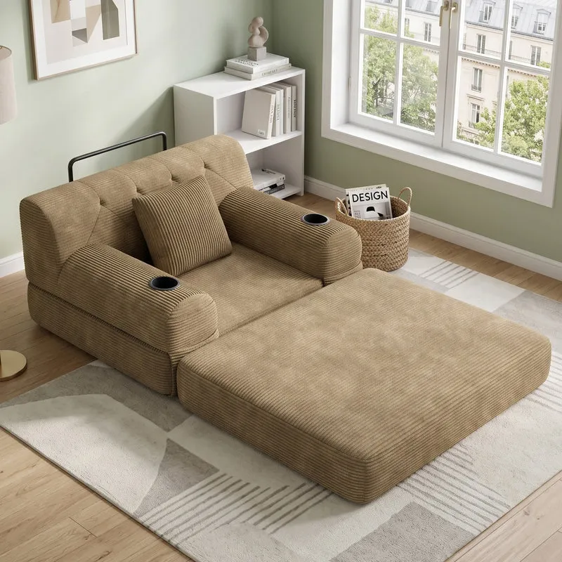 Fauteuil convertible lit 1 place en velours côtelé kaki et porte-gobelets PINECONTAINER