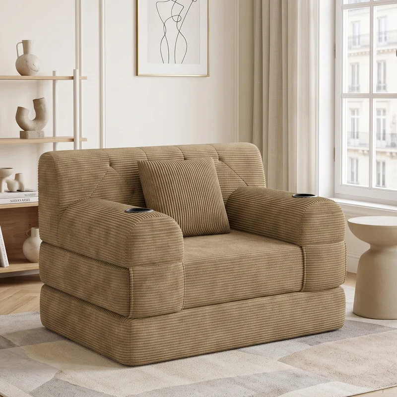 Fauteuil convertible lit 1 place en velours côtelé kaki et porte-gobelets PINECONTAINER