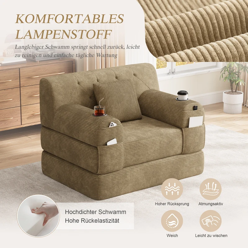 Fauteuil convertible lit 1 place en velours côtelé kaki et porte-gobelets PINECONTAINER