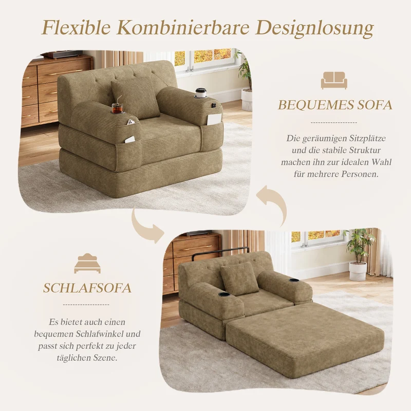 Fauteuil convertible lit 1 place en velours côtelé kaki et porte-gobelets PINECONTAINER