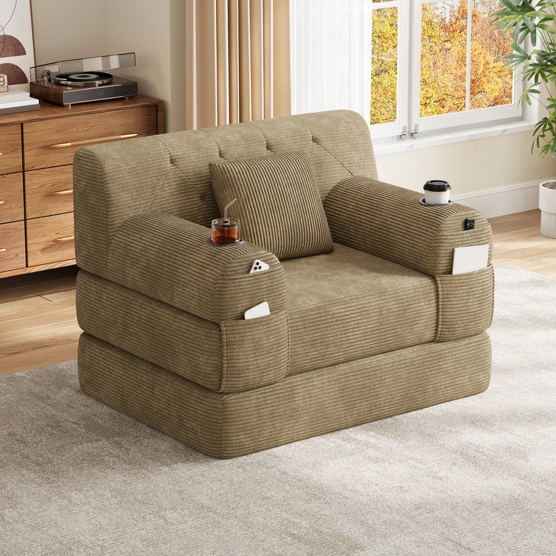 Fauteuil convertible lit 1 place en velours côtelé kaki et porte-gobelets PINECONTAINER
