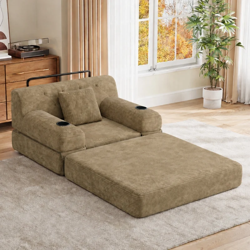 Fauteuil convertible lit 1 place en velours côtelé kaki et porte-gobelets PINECONTAINER
