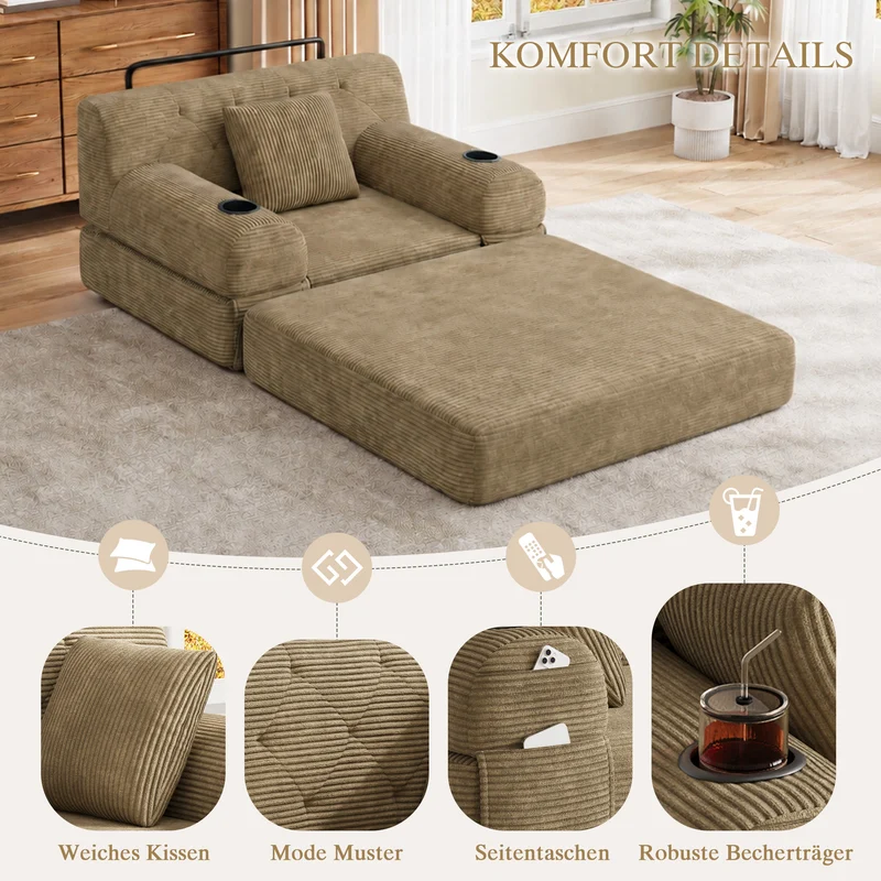 Fauteuil convertible lit 1 place en velours côtelé kaki et porte-gobelets PINECONTAINER
