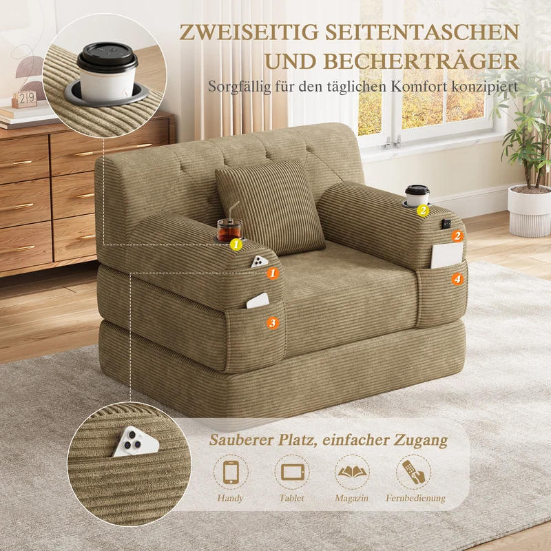 Fauteuil convertible lit 1 place en velours côtelé kaki et porte-gobelets PINECONTAINER