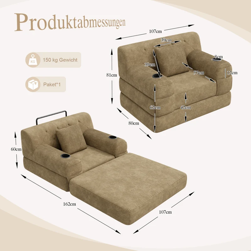 Fauteuil convertible lit 1 place en velours côtelé kaki et porte-gobelets PINECONTAINER