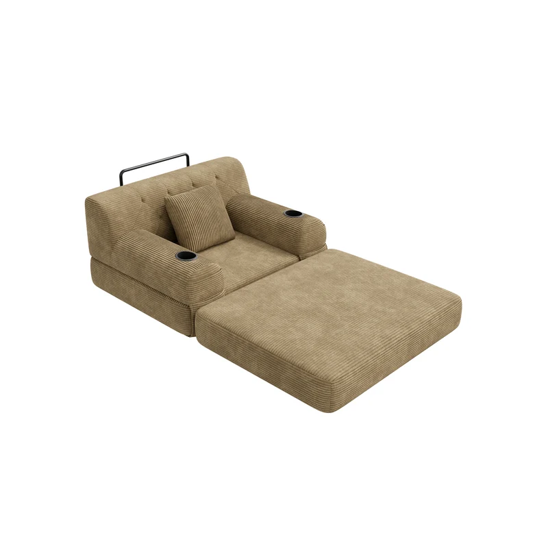 Fauteuil convertible lit 1 place en velours côtelé kaki et porte-gobelets PINECONTAINER