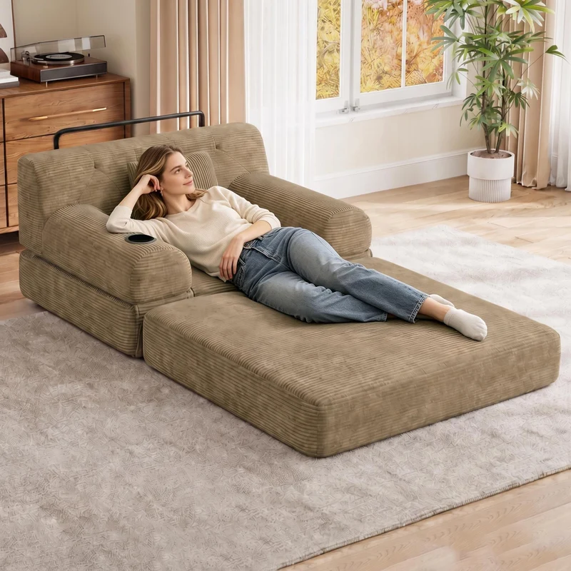 Fauteuil convertible lit 1 place en velours côtelé kaki et porte-gobelets PINECONTAINER