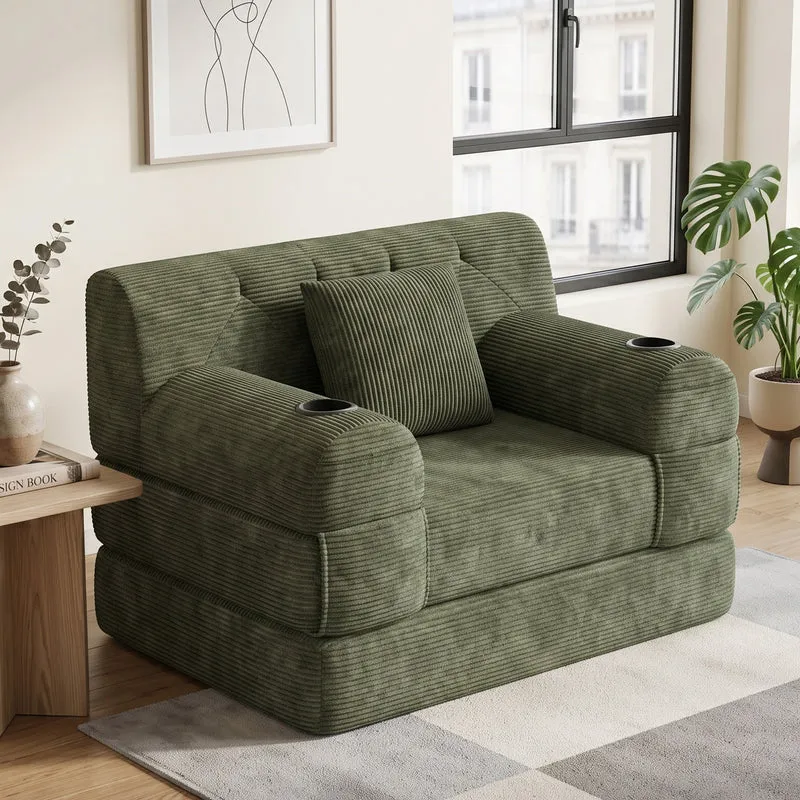 Fauteuil convertible lit 1 place en velours côtelé vert et porte-gobelets PINECLOCK