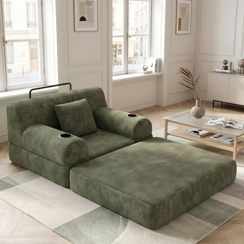 Fauteuil convertible lit 1 place en velours côtelé vert et porte-gobelets PINECLOCK