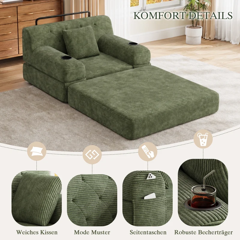 Fauteuil convertible lit 1 place en velours côtelé vert et porte-gobelets PINECLOCK