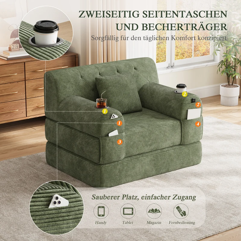 Fauteuil convertible lit 1 place en velours côtelé vert et porte-gobelets PINECLOCK
