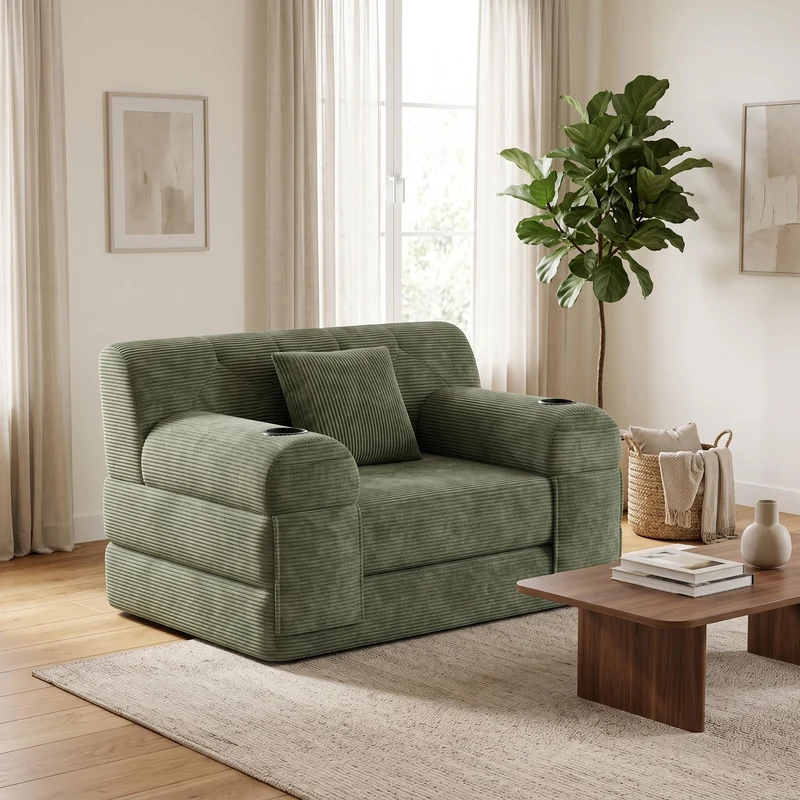 Fauteuil convertible lit 1 place en velours côtelé vert et porte-gobelets PINECLOCK