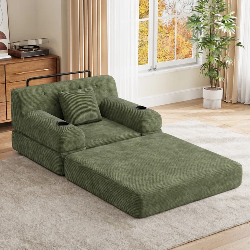 Fauteuil convertible lit 1 place en velours côtelé vert et porte-gobelets PINECLOCK