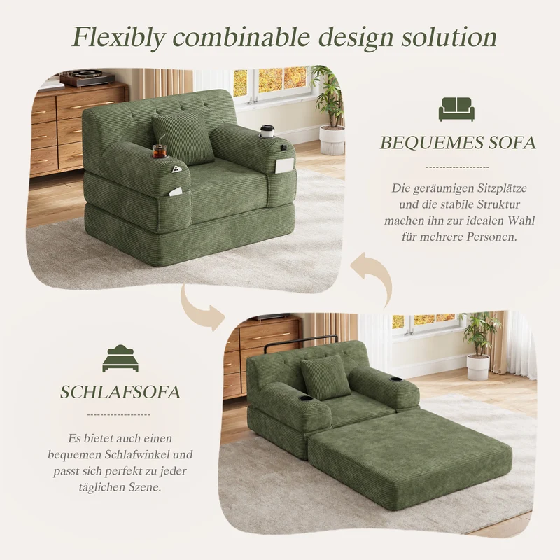 Fauteuil convertible lit 1 place en velours côtelé vert et porte-gobelets PINECLOCK