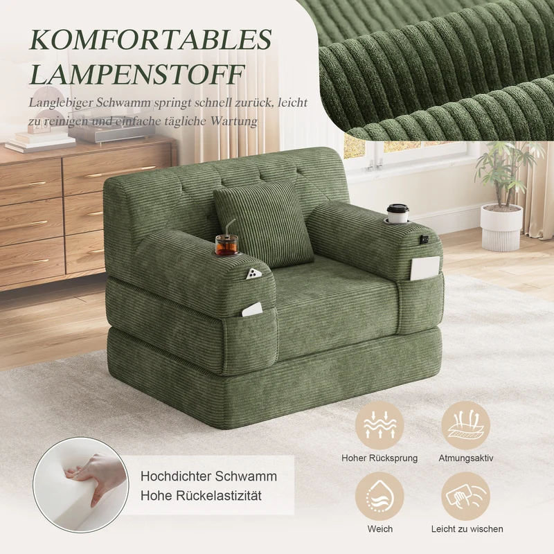 Fauteuil convertible lit 1 place en velours côtelé vert et porte-gobelets PINECLOCK