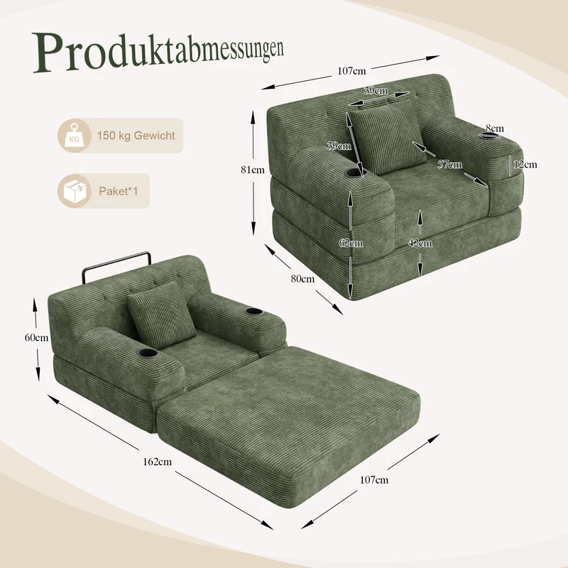 Fauteuil convertible lit 1 place en velours côtelé vert et porte-gobelets PINECLOCK