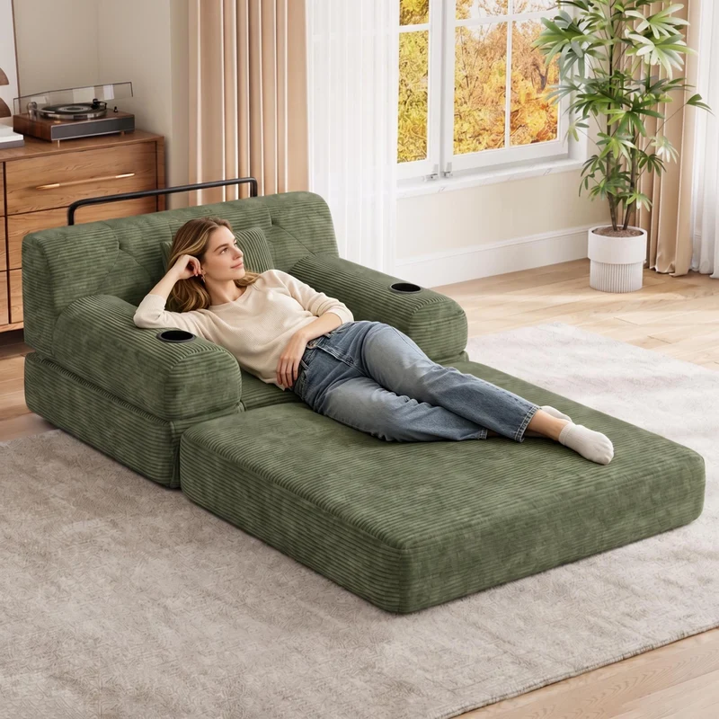Fauteuil convertible lit 1 place en velours côtelé vert et porte-gobelets PINECLOCK
