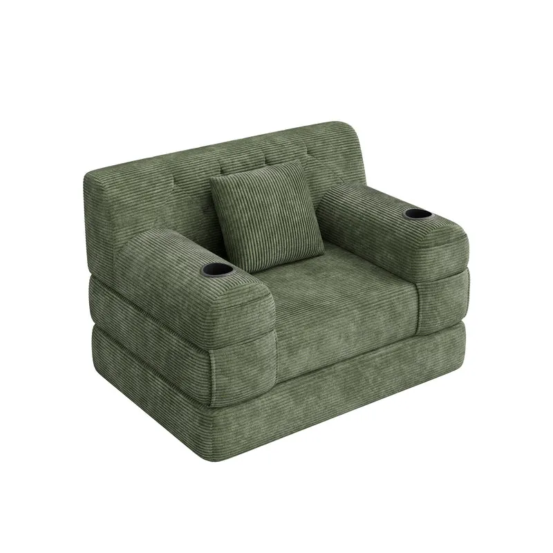 Fauteuil convertible lit 1 place en velours côtelé vert et porte-gobelets PINECLOCK