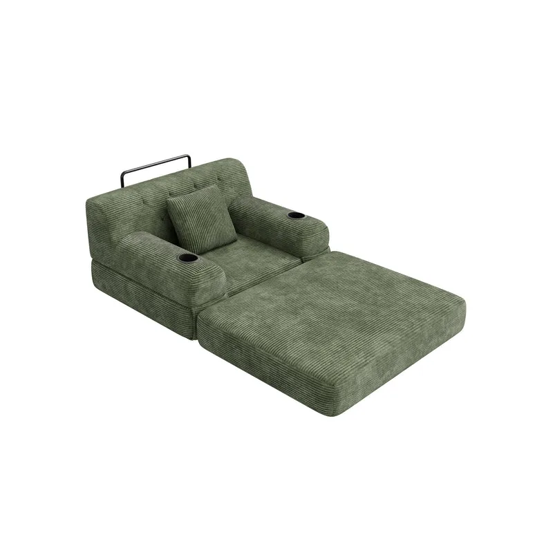 Fauteuil convertible lit 1 place en velours côtelé vert et porte-gobelets PINECLOCK