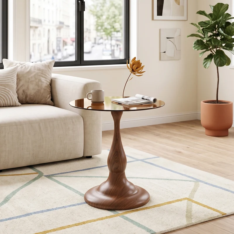 Table d’appoint ronde en verre teinté style moderne, pieds effet bois noyer PINEPLUS
