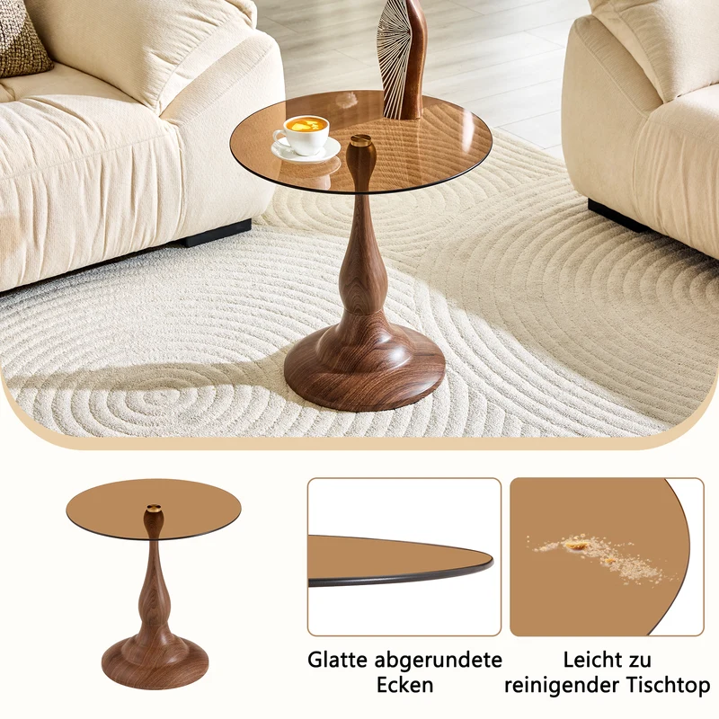 Table d’appoint ronde en verre teinté style moderne, pieds effet bois noyer PINEPLUS