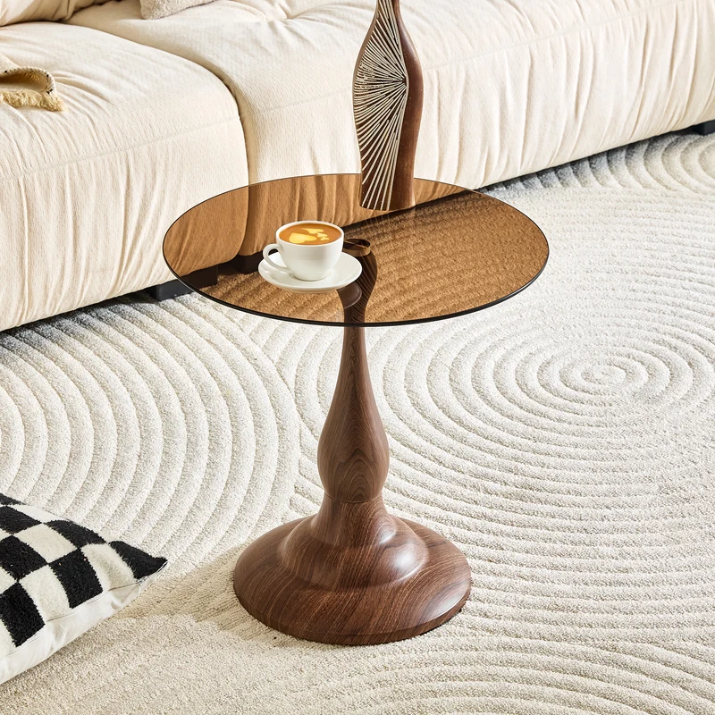 Table d’appoint ronde en verre teinté style moderne, pieds effet bois noyer PINEPLUS