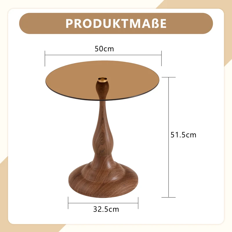 Table d’appoint ronde en verre teinté style moderne, pieds effet bois noyer PINEPLUS