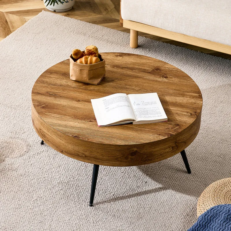 Table basse ronde effet bois, style industriel, pieds métal noir Ø70 cm PINEDIVIDER