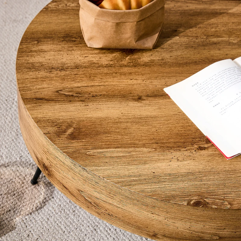 Table basse ronde effet bois, style industriel, pieds métal noir Ø70 cm PINEDIVIDER