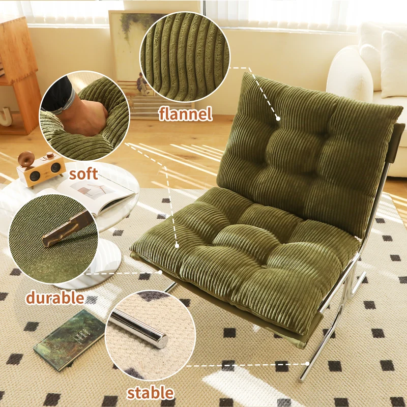 Fauteuil accent capitonné vert en velours côtelé, pieds métal PANELPLUS