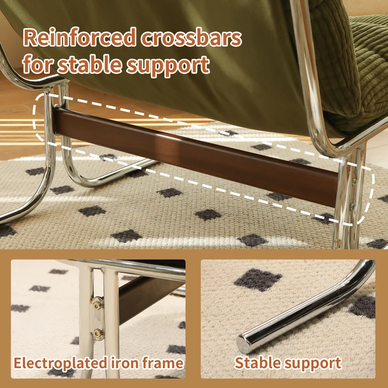 Fauteuil accent capitonné vert en velours côtelé, pieds métal PANELPLUS