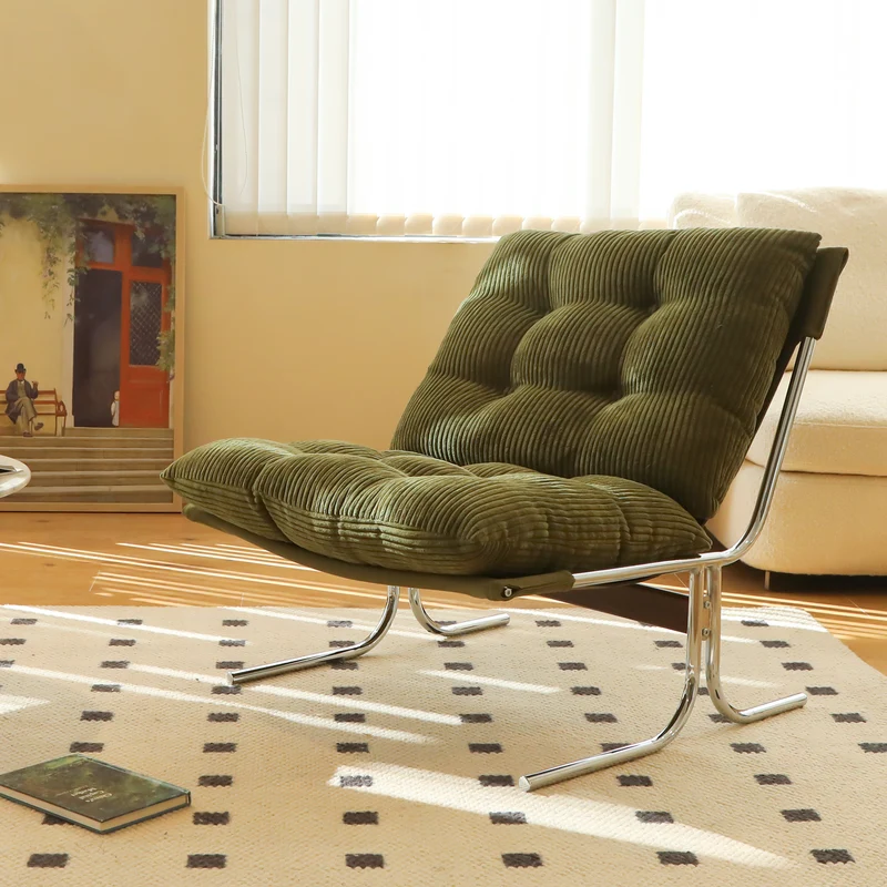 Fauteuil accent capitonné vert en velours côtelé, pieds métal PANELPLUS