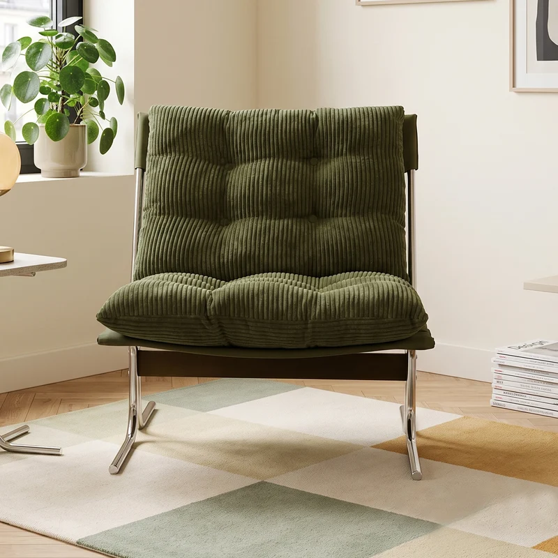 Fauteuil accent capitonné vert en velours côtelé, pieds métal PANELPLUS