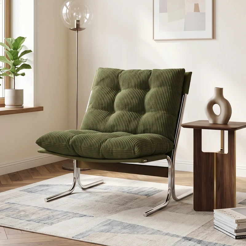 Fauteuil accent capitonné vert en velours côtelé, pieds métal PANELPLUS
