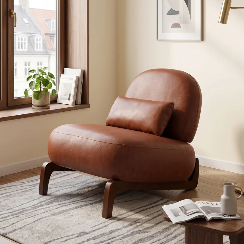 Fauteuil moderne caramel revêtement en similicuir et pieds en bois massif PANELSTONE