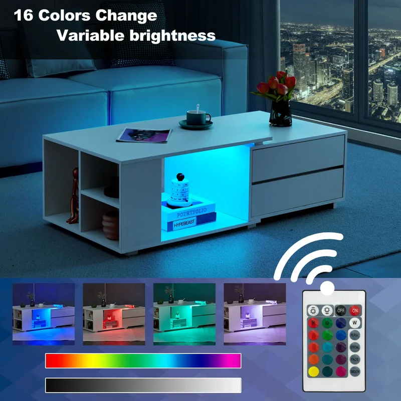 Table basse lumineuse Éléonore — LED intégré, plateau extensible, 4 tiroirs