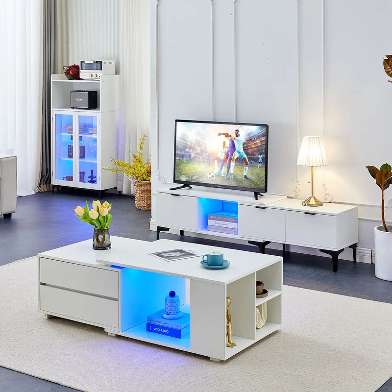 Table basse lumineuse Éléonore — LED intégré, plateau extensible, 4 tiroirs