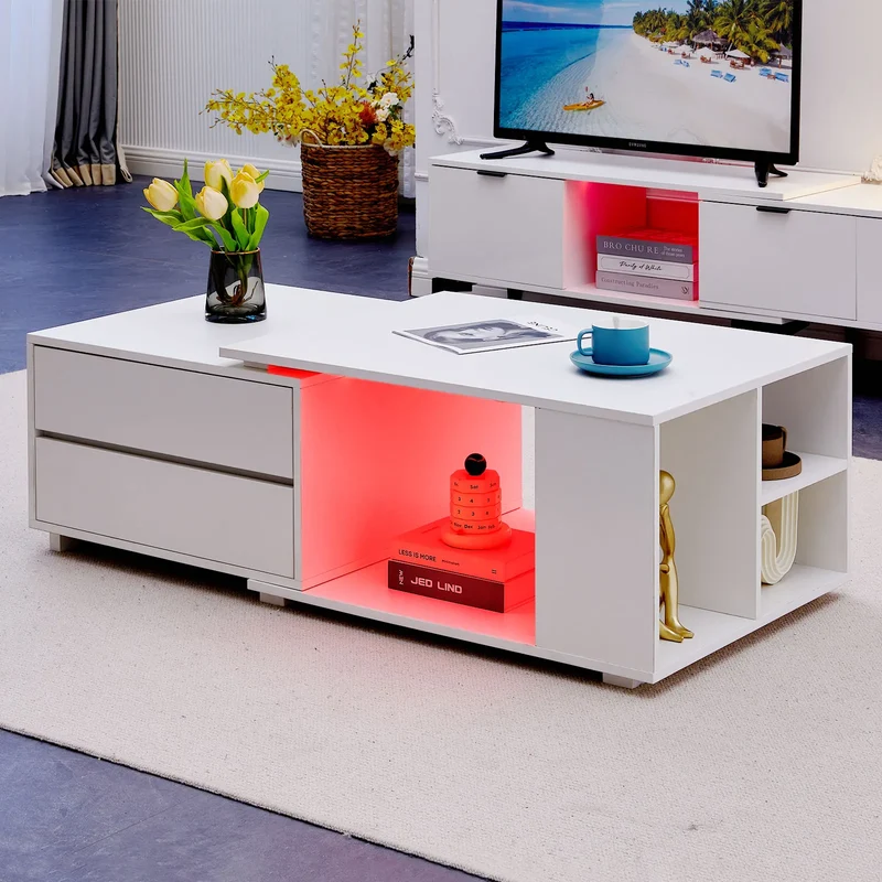 Table basse lumineuse Éléonore — LED intégré, plateau extensible, 4 tiroirs