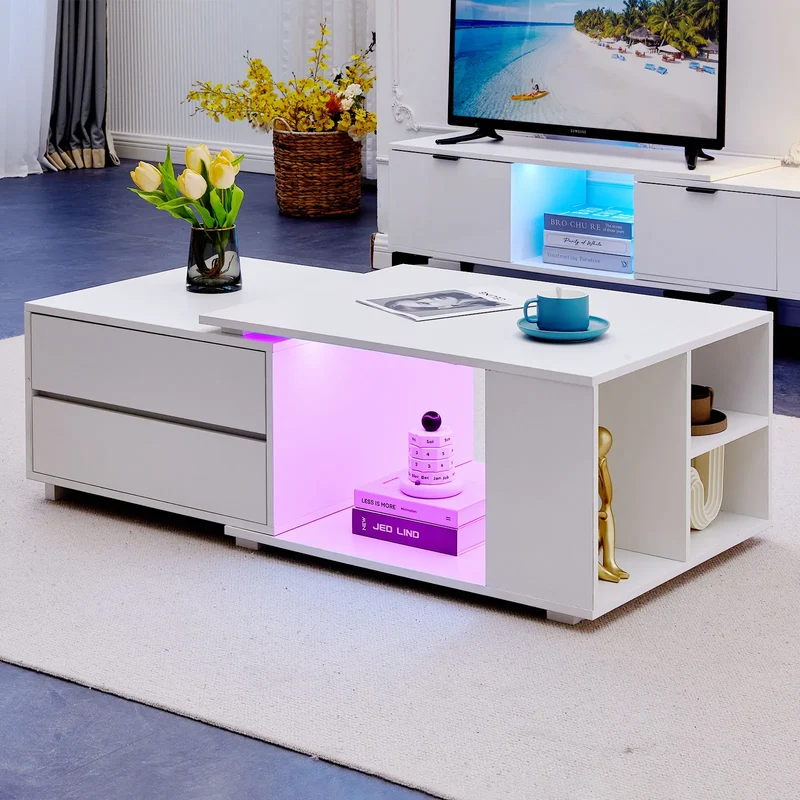 Table basse lumineuse Éléonore — LED intégré, plateau extensible, 4 tiroirs