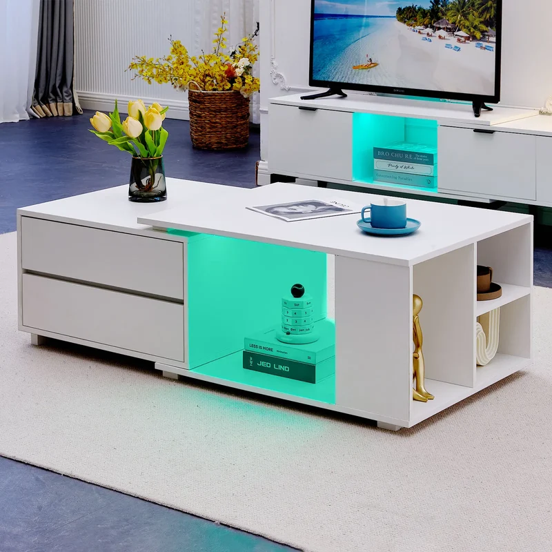 Table basse lumineuse Éléonore — LED intégré, plateau extensible, 4 tiroirs