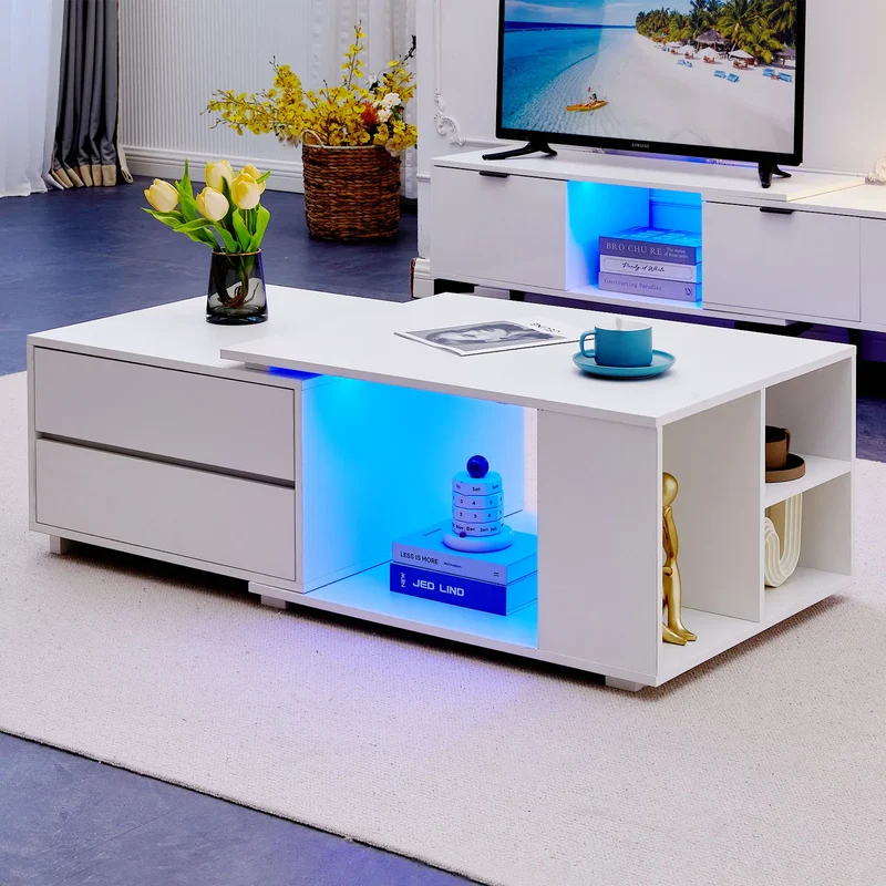 Table basse lumineuse Éléonore — LED intégré, plateau extensible, 4 tiroirs