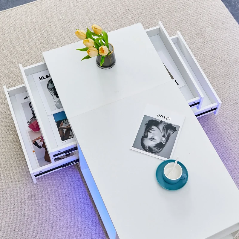 Table basse lumineuse Éléonore — LED intégré, plateau extensible, 4 tiroirs