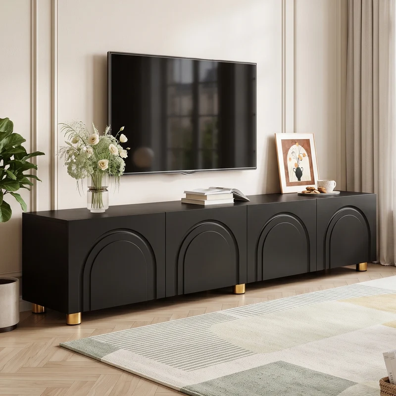 Meuble TV noir 4 portes à relief arqué pieds dorés, style moderne PLANTGRAY