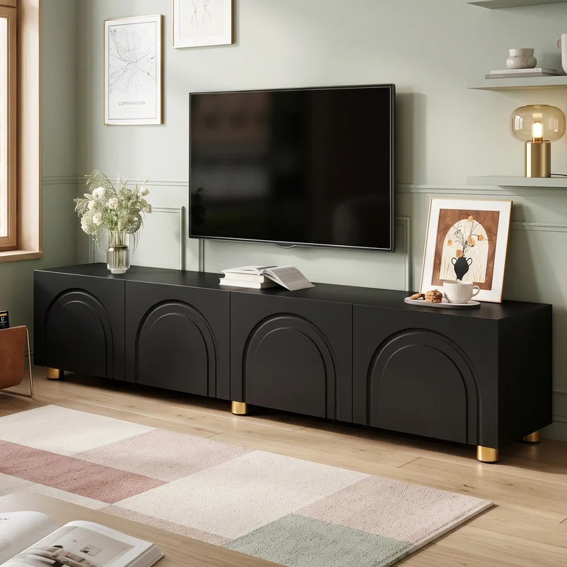 Meuble TV noir 4 portes à relief arqué pieds dorés, style moderne PLANTGRAY