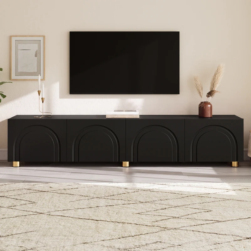 Meuble TV noir 4 portes à relief arqué pieds dorés, style moderne PLANTGRAY